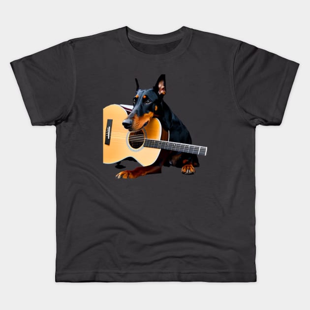 Doberman and Guitar Kids T-Shirt by ThePawPrintShoppe